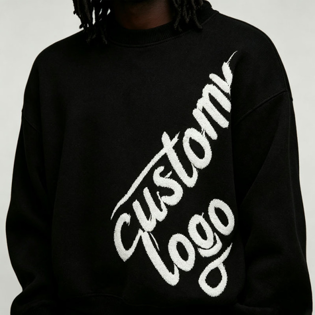 Custom Chenille Embroidery 2-Piece Brushed Knit Boxy Fit Wide Leg Crewneck Pullover Thick Winter Men's Black 100% Cotton