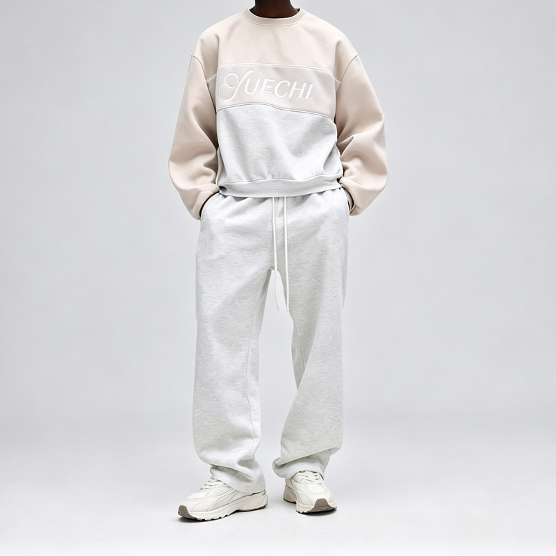Custom Men Color Block Crew Neck Tracksuit Heavyweight French Terry Embroidery Oversized Drop Shoulder Streetwear Two Piece Set