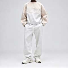 Custom Men Color Block Crew Neck Tracksuit Heavyweight French Terry Embroidery Oversized Drop Shoulder Streetwear Two Piece Set