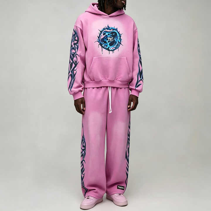 Custom Sun Faded Applique Embroidery Screen Print Pink 2 Pieces Regular Fit Full Length Men's Heavyweight Fleece Casual Autumn