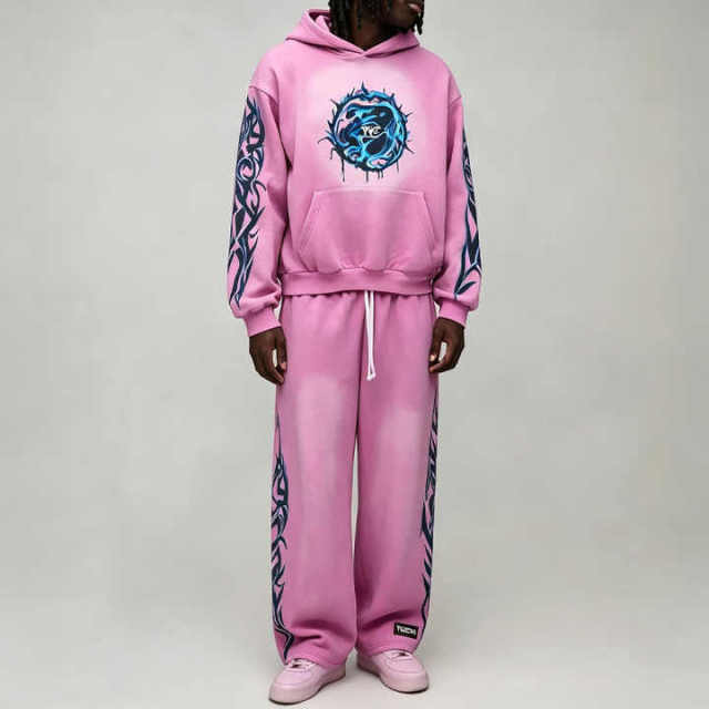 Custom Sun Faded Applique Embroidery Screen Print Pink 2 Pieces Regular Fit Full Length Men's Heavyweight Fleece Casual Autumn
