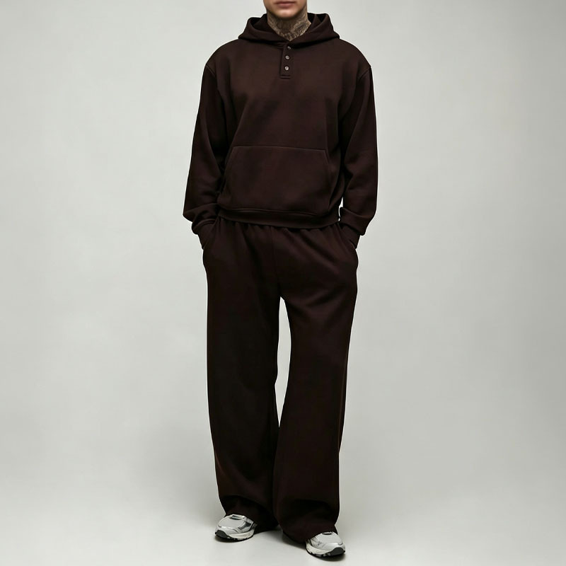 Custom Men's Oversized Boxy Henley Button Neck Hoodie Wide Leg Jogger Tracksuit 100% Cotton Fleece Two Piece Set Streetwear