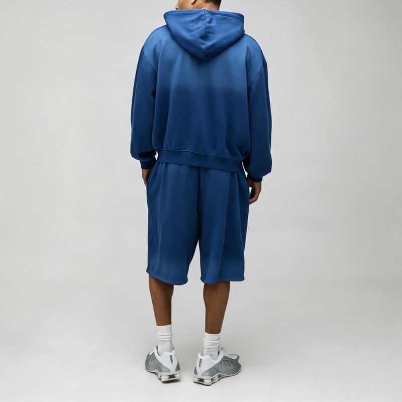 Custom Sun Faded Embroidery Full Zip Hoodie Knee Length Shorts 2 Pieces Washed 100% Cotton French Terry Men's Casual Tracksuit
