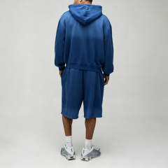 Custom Sun Faded Embroidery Full Zip Hoodie Knee Length Shorts 2 Pieces Washed 100% Cotton French Terry Men's Casual Tracksuit