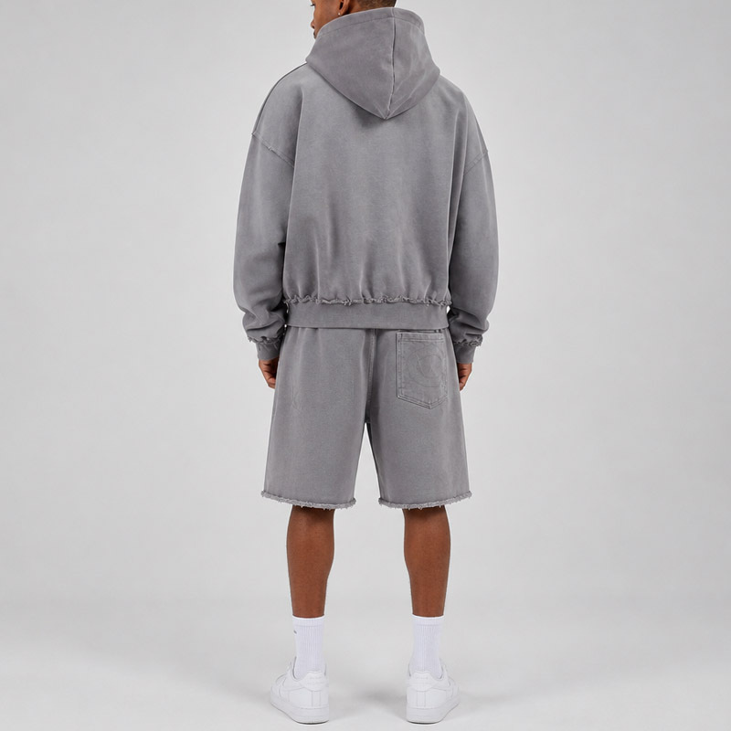 Men Boxy Oversized Full Zip Hoodie Short Tracksuit Washed Distressed Raw Hem 100% Cotton Heavyweight French Terry Screen Print