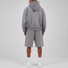Men Boxy Oversized Full Zip Hoodie Short Tracksuit Washed Distressed Raw Hem 100% Cotton Heavyweight French Terry Screen Print