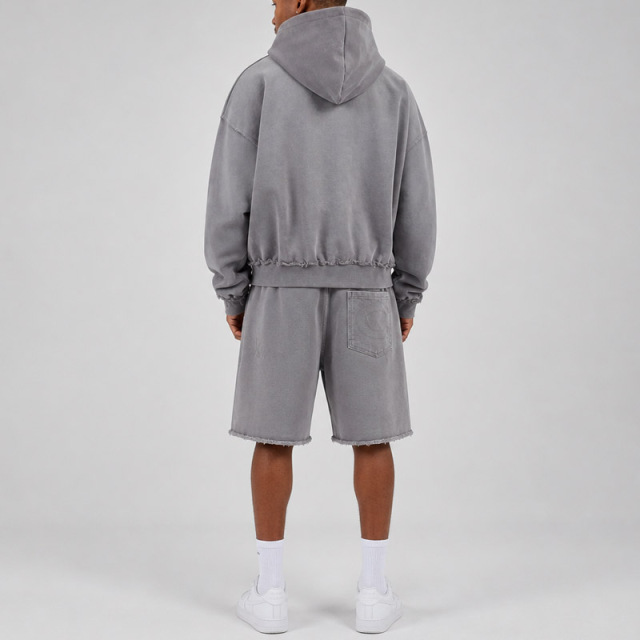Men Boxy Oversized Full Zip Hoodie Short Tracksuit Washed Distressed Raw Hem 100% Cotton Heavyweight French Terry Screen Print