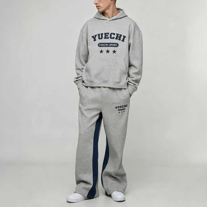 Custom Screen Print Winter Retro Tracksuit 2 Pieces Boxy Fit Wide Leg Heather Grey French Terry Streetwear Men's Sportswear