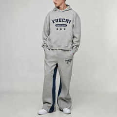 Custom Screen Print Winter Retro Tracksuit 2 Pieces Boxy Fit Wide Leg Heather Grey French Terry Streetwear Men's Sportswear