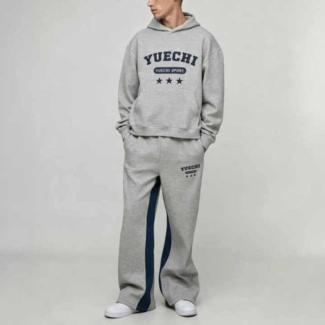 Custom Screen Print Winter Retro Tracksuit 2 Pieces Boxy Fit Wide Leg Heather Grey French Terry Streetwear Men's Sportswear