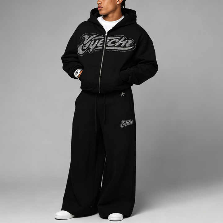 Custom Streetwear Mens Black Full Zip Hoodie Dropped Shoulder Rhinestone Decor Brushed Fleece Lining Relaxed Fit Tracksuit