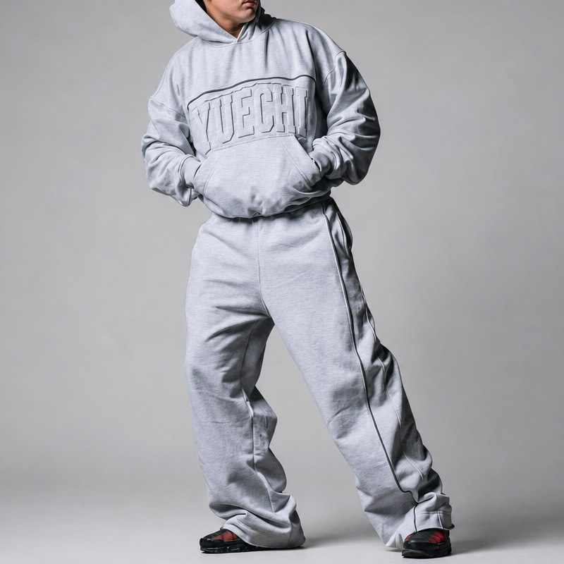 Men Oversized Heather Grey Hoodie Wide Leg Sweatpants Set Heavyweight 100% Cotton Jersey Applique Emboss Street Tracksuit
