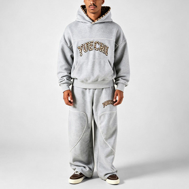 Men Oversized Heavyweight 100% Cotton Fleece Leopard Lining Applique DTG Print Contrast White Piping Wide Leg Hip Hop Tracksuit