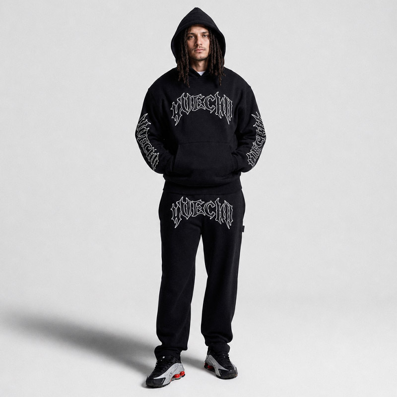 Custom Oversized Mens 100% Cotton Fleece 2 Piece Tracksuit Heavyweight Gothic 3D Embroidery Hooded Sweat Suit Streetwear Outfit