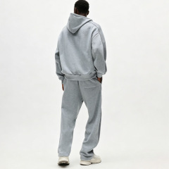 Men Heather Grey Oversized Dropped Shoulder Hoodie Tracksuit Contrast Panel Screen Print Straight Wide Leg Sweatpants