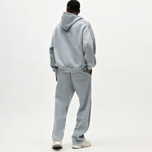 Men Heather Grey Oversized Dropped Shoulder Hoodie Tracksuit Contrast Panel Screen Print Straight Wide Leg Sweatpants