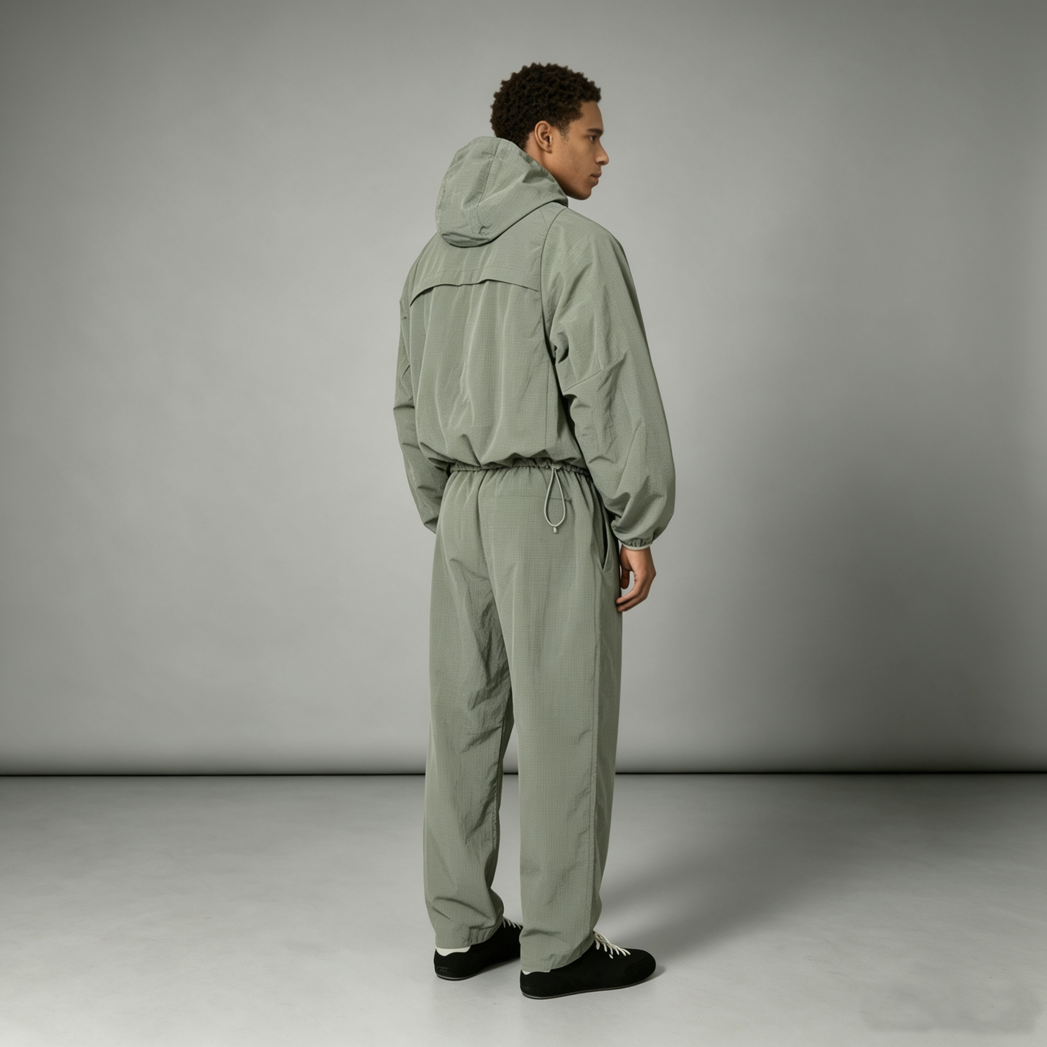 Custom Logo 100% Nylon Men's Tracksuit Set Sage Green Ripstop Grid Hooded Windbreaker Jacket Jogger Pants Two Piece Streetwear
