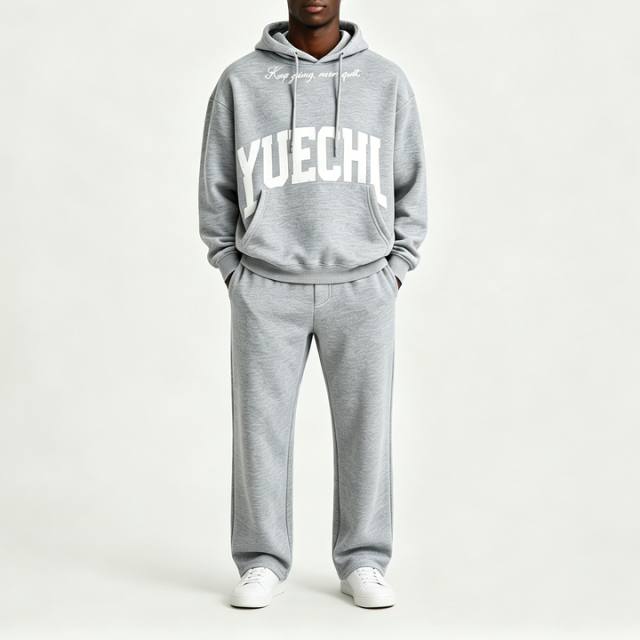 Custom Screen Printed 100% Cotton French Terry Winter Streetwear Pullover Hoodie Jogger 2-Piece Heather Grey Men's Casual