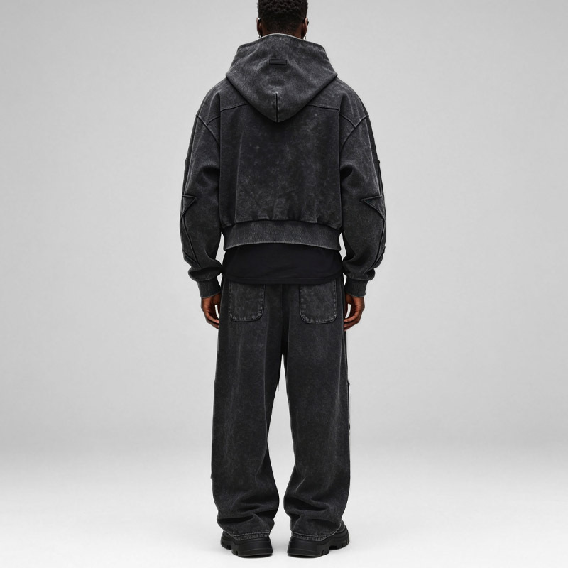 Custom Men Cropped Oversized Full Zip Tracksuit Heavyweight French Terry Snow Wash Star Applique Baggy Two Piece Streetwear Set
