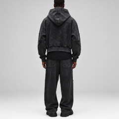 Custom Men Cropped Oversized Full Zip Tracksuit Heavyweight French Terry Snow Wash Star Applique Baggy Two Piece Streetwear Set