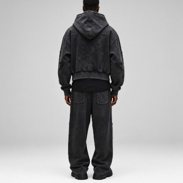 Custom Men Cropped Oversized Full Zip Tracksuit Heavyweight French Terry Snow Wash Star Applique Baggy Two Piece Streetwear Set