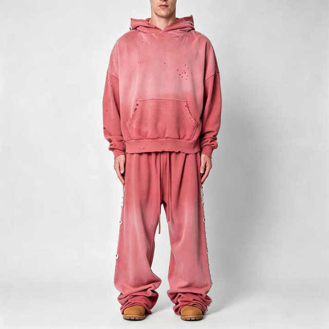 Men Sun Faded Distressed Studded Vintage Tracksuit Heavyweight 100% French Terry Oversized Pullover Hoodie Wide Leg Sweatpants