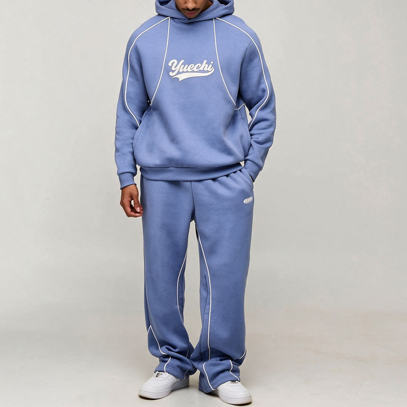 Custom Oversized French Terry 3D Puff Printing Streetwear Two Piece Contrast Piping Pullover Hoodie Wide Leg Men's Tracksuit Set