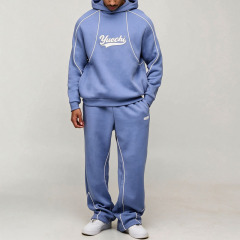 Custom Oversized French Terry 3D Puff Printing Streetwear Two Piece Contrast Piping Pullover Hoodie Wide Leg Men's Tracksuit Set