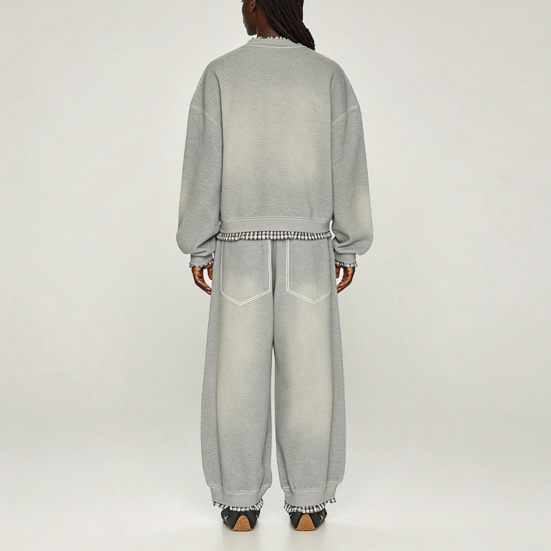 Custom Men's Sun Faded Grey Heavyweight French Terry Tracksuit Mock Two Piece Crew Neck Sweatshirt Wide Leg Sweatpants