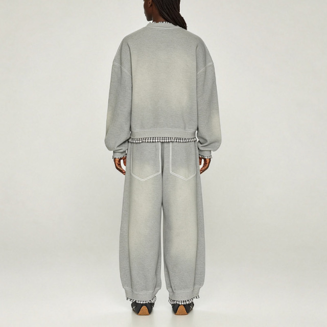 Custom Men's Sun Faded Grey Heavyweight French Terry Tracksuit Mock Two Piece Crew Neck Sweatshirt Wide Leg Sweatpants