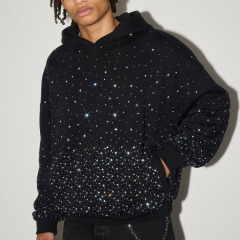 Men Boxy Oversized Hoodie Tracksuit Black Rhinestone 100% Cotton French Terry Drop Shoulder Wide Leg Sweatpants Streetwear