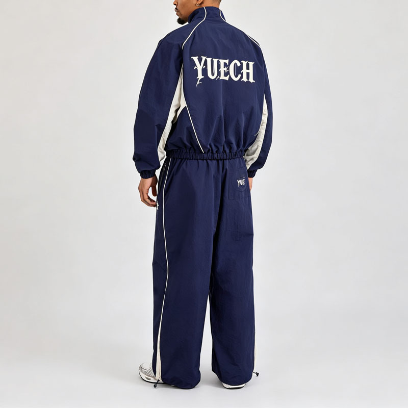 Custom Screen Printing Oversized Mens 95% Nylon 5% Spandex Funnel Neck Jacket Contrast Piping Contrast Panel Jogger Tracksuit