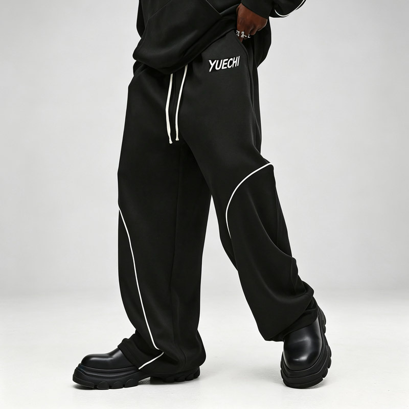 Men Oversized Boxy Hoodie Tracksuit Heavyweight French Terry Contrast Piping Embroidery Wide Leg Streetwear 2 Piece Set