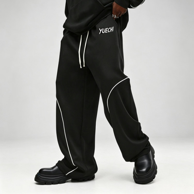 Men Oversized Boxy Hoodie Tracksuit Heavyweight French Terry Contrast Piping Embroidery Wide Leg Streetwear 2 Piece Set