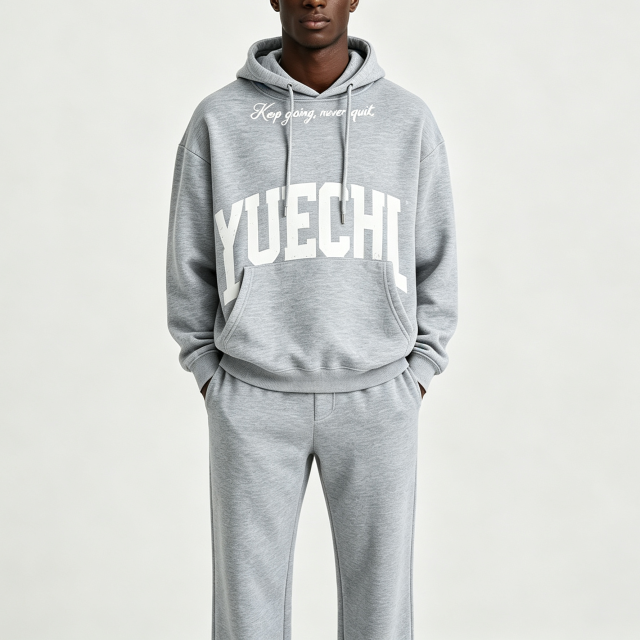 Custom Screen Printed 100% Cotton French Terry Winter Streetwear Pullover Hoodie Jogger 2-Piece Heather Grey Men's Casual