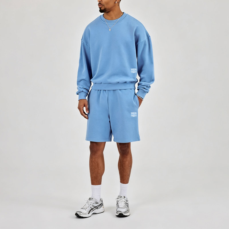Men Crew Neck Sweatshirt Short Tracksuit 2 Piece Set Light Blue 100% Cotton Screen Print Drop Shoulder Boxy Oversized Loose