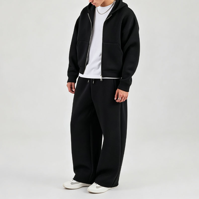 Custom Men Winter Air Layer Fabric Embroidery Boxy Zip-Up Hooded Hoodie Baggy Wide-Leg Pant Side Pockets Oversized Streetwear