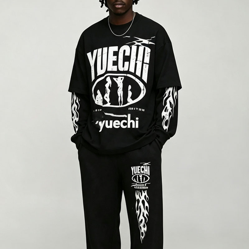Custom Screen Print Fake Layered Boxy Fit Baggy Wide Leg 2 Pieces Black White Cotton Apparel Men's Streetwear Tracksuit Set