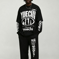 Custom Screen Print Fake Layered Boxy Fit Baggy Wide Leg 2 Pieces Black White Cotton Apparel Men's Streetwear Tracksuit Set