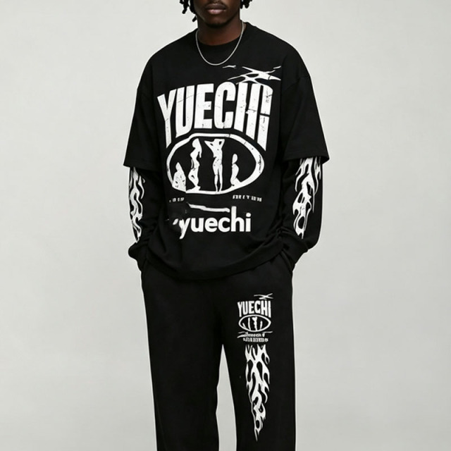 Custom Screen Print Fake Layered Boxy Fit Baggy Wide Leg 2 Pieces Black White Cotton Apparel Men's Streetwear Tracksuit Set