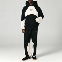 Men Color Block Tracksuit Embroidery Logo Curved Splicing Oversized Pullover Hoodie Loose Sweatpants 2 Piece Streetwear