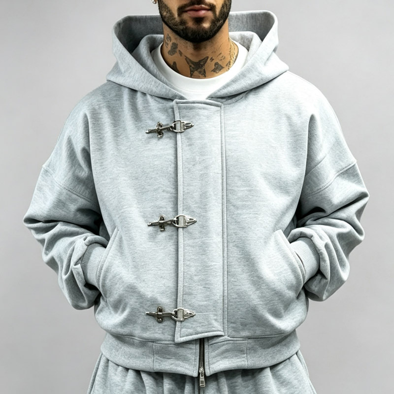 Custom Men's Light Heather Grey Heavyweight Jersey Toggle Buckle Cropped Hoodie Hidden Zip Wide Leg Sweatpants Tracksuit