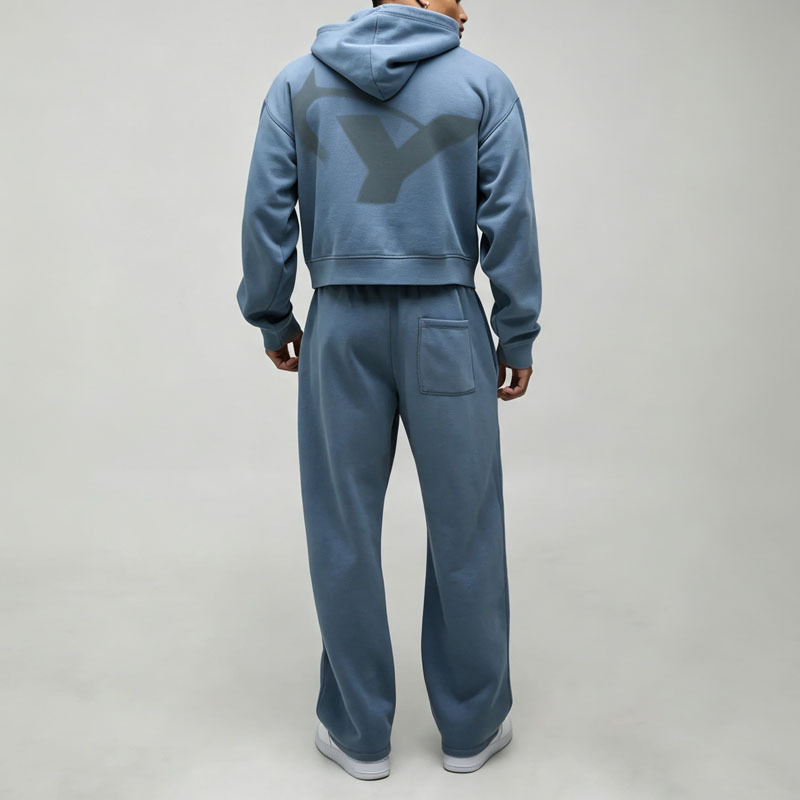 Custom DTG Printed 2-Piece Boxy Fit Cropped Full-Zip Wide-Leg Steel Blue French Terry Men's Heavyweight Winter Streetwear