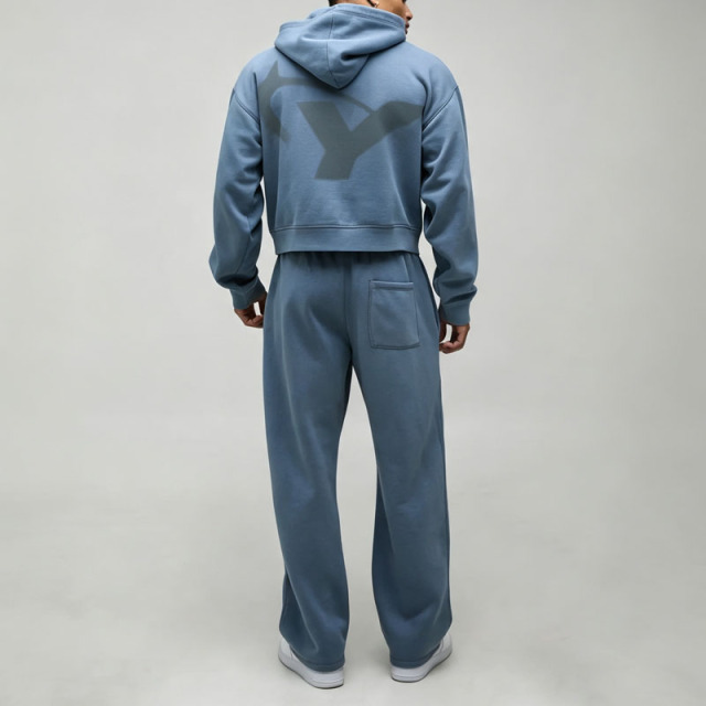 Custom DTG Printed 2-Piece Boxy Fit Cropped Full-Zip Wide-Leg Steel Blue French Terry Men's Heavyweight Winter Streetwear