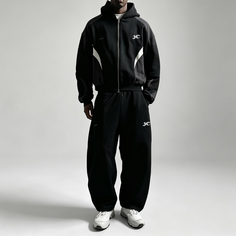 Men 100% Cotton French Terry Zip up Hoodie Tracksuit Boxy Cropped Drop Shoulder Color Block Curved Panel Screen Print Streetwear