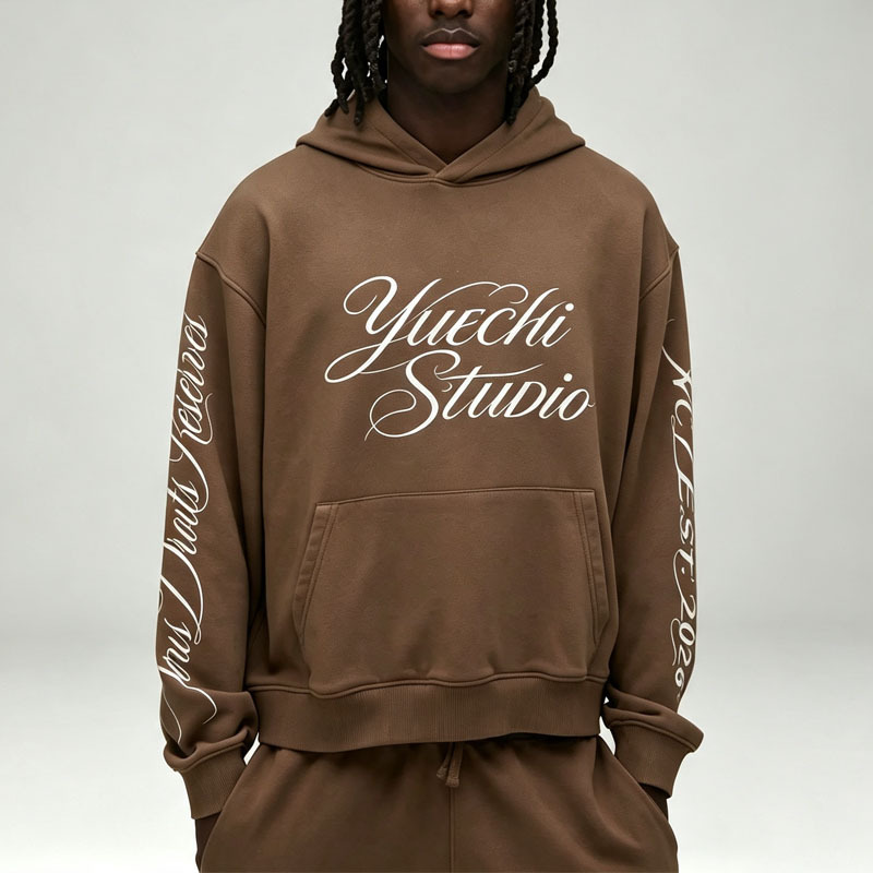 Custom Screen Print 2 Pieces Boxy Fit Brown Cotton French Terry Pullover Hoodie Jogger Apparel Men's Streetwear Tracksuit
