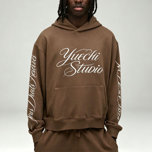 Custom Screen Print 2 Pieces Boxy Fit Brown Cotton French Terry Pullover Hoodie Jogger Apparel Men's Streetwear Tracksuit