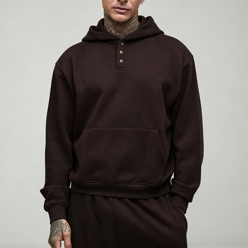 Custom Men's Oversized Boxy Henley Button Neck Hoodie Wide Leg Jogger Tracksuit 100% Cotton Fleece Two Piece Set Streetwear