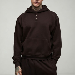 Custom Men's Oversized Boxy Henley Button Neck Hoodie Wide Leg Jogger Tracksuit 100% Cotton Fleece Two Piece Set Streetwear