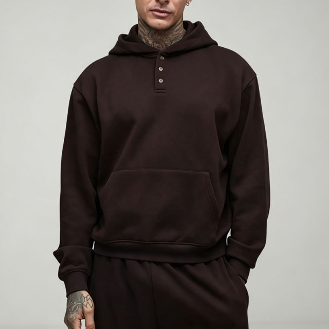 Custom Men's Oversized Boxy Henley Button Neck Hoodie Wide Leg Jogger Tracksuit 100% Cotton Fleece Two Piece Set Streetwear